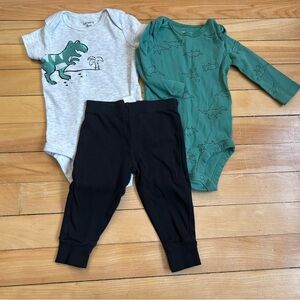 Carter's Gray, Green & Black Dino 3-Piece Bodysuit and Pants Set